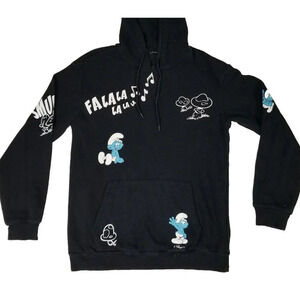 Smurfs Hoodie Hooded Sweatshirt Pullover Adult Size Small Mushrooms Back Graphic